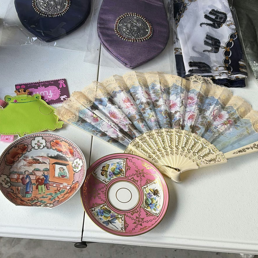 Carved bear, porcelain plates, fan, pouches and scarves – assorted decor and accessories - image 3 of 8