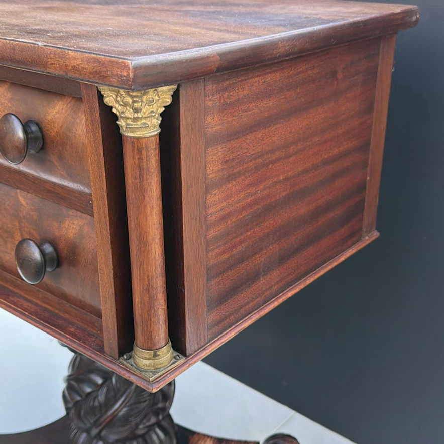 Antique wooden side table with two-drawer cabinet on carved pedestal base - image 4 of 10