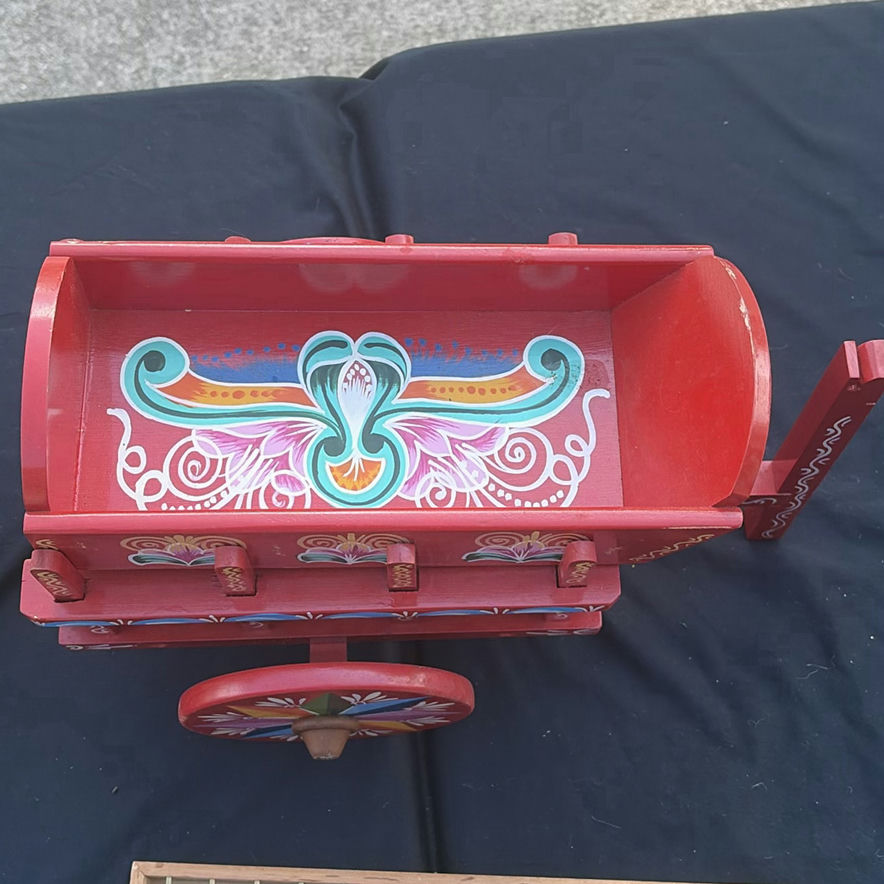 Assorted vintage decorative items: painted wooden wagon, abacus, bottle, dish, and crank - image 5 of 7