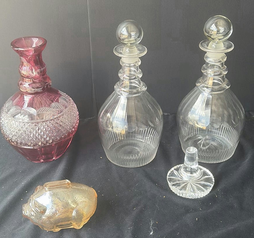 Glass decanter collection with pig figurine - image 1 of 8