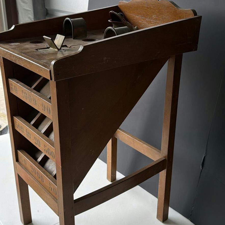 Vintage wooden display stand with slotted compartments and frog sculpture - image 4 of 9