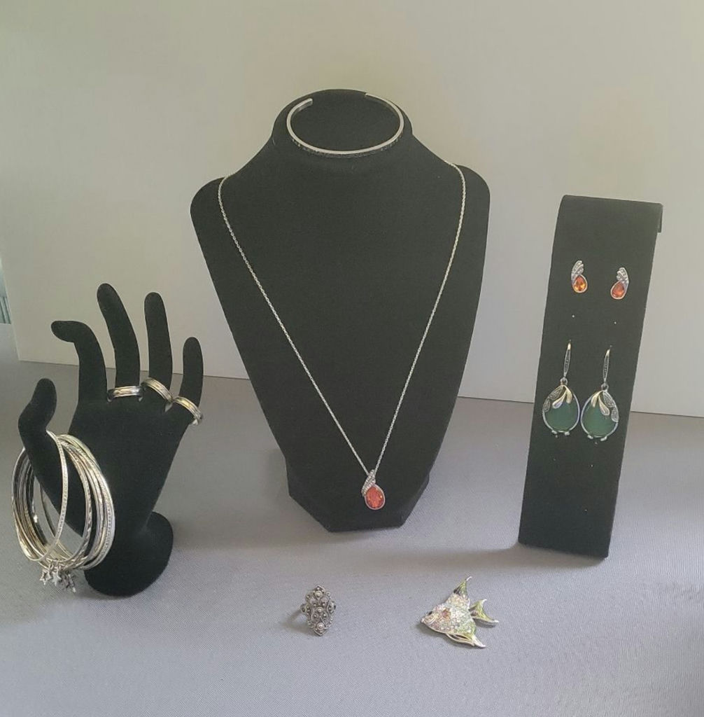 Assorted silver jewelry set: bangles, rings, necklace, and earrings - image 1 of 15