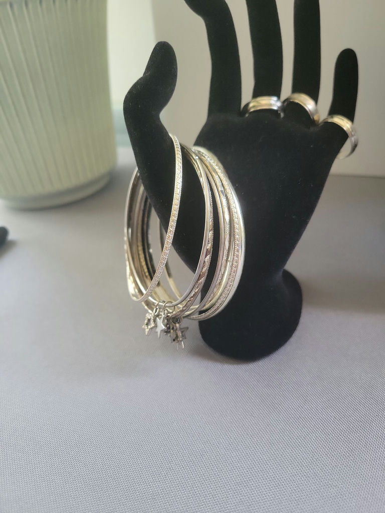 Assorted silver jewelry set: bangles, rings, necklace, and earrings - image 2 of 15