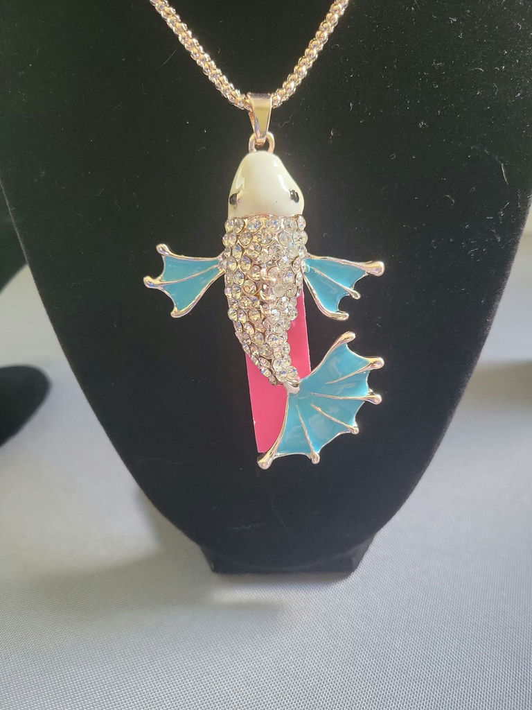 Betsy Johnson fish-shaped rhinestone pendant necklace with turquoise fins - image 2 of 6