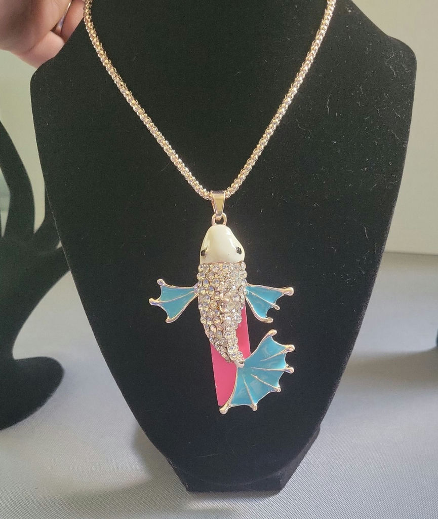 Betsy Johnson fish-shaped rhinestone pendant necklace with turquoise fins - image 1 of 6