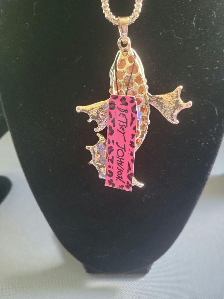 Betsy Johnson fish-shaped rhinestone pendant necklace with turquoise fins - image 3 of 6