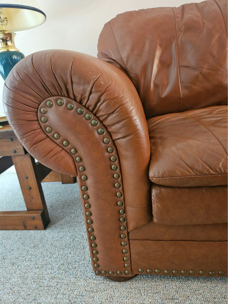 Brown leather sofa and 2 chairs with nailhead trim - image 2 of 12