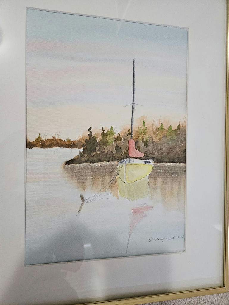 Watercolor sailboat scene in gold frame - image 2 of 6