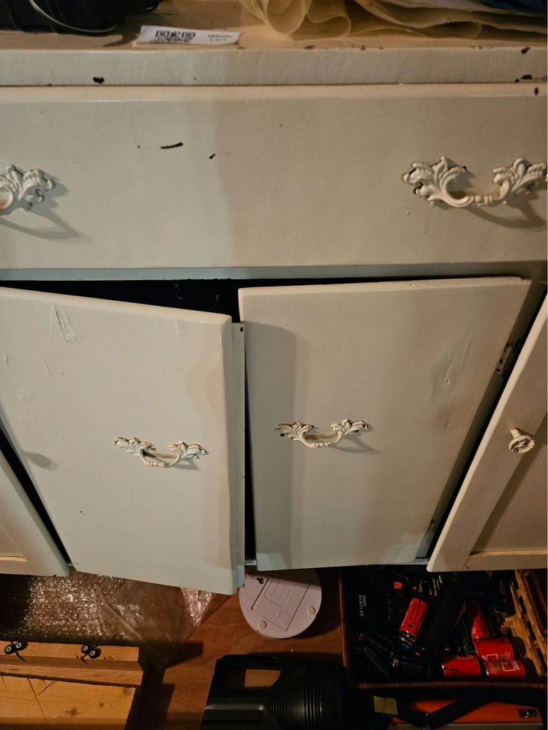 White storage cabinets with drawers and assorted tools - image 3 of 13