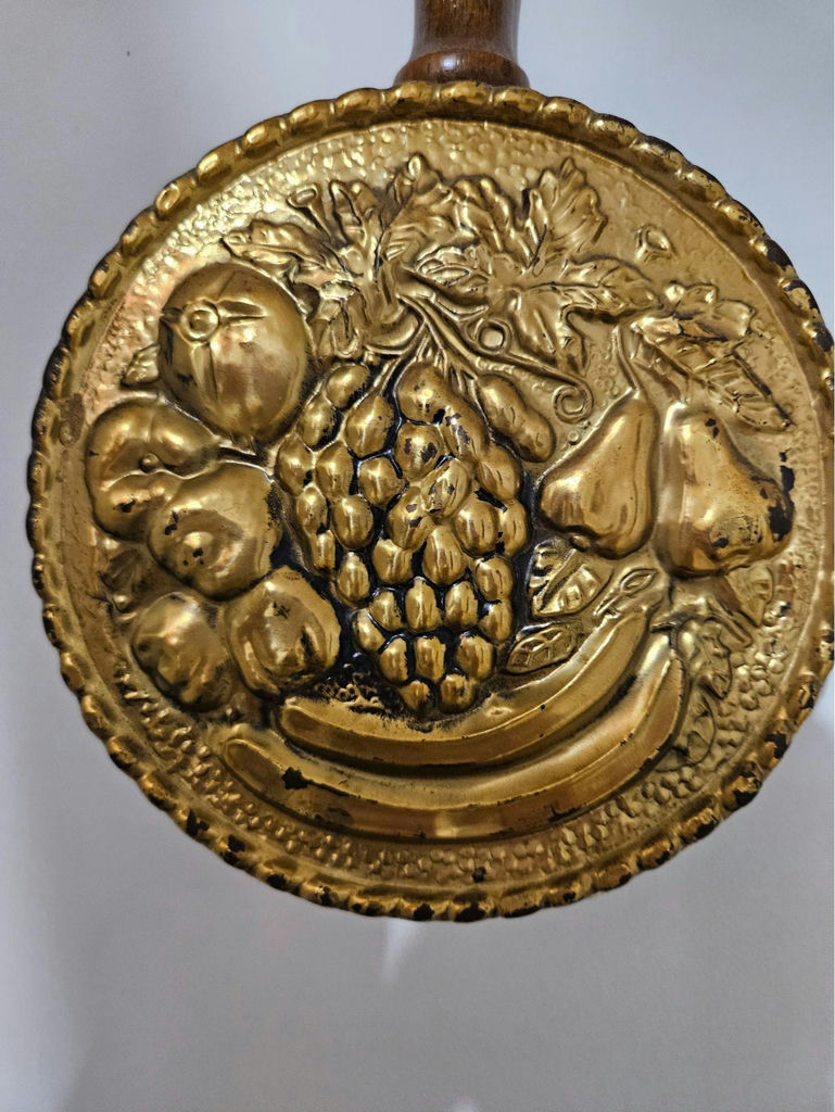 Pair of brass fruit-embossed medallions on wooden handles - image 3 of 5