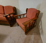 Vintage wooden-framed sofa with coral upholstery and matching armchair - thumbnail 6 of 13