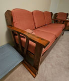 Vintage wooden-framed sofa with coral upholstery and matching armchair - thumbnail 7 of 13