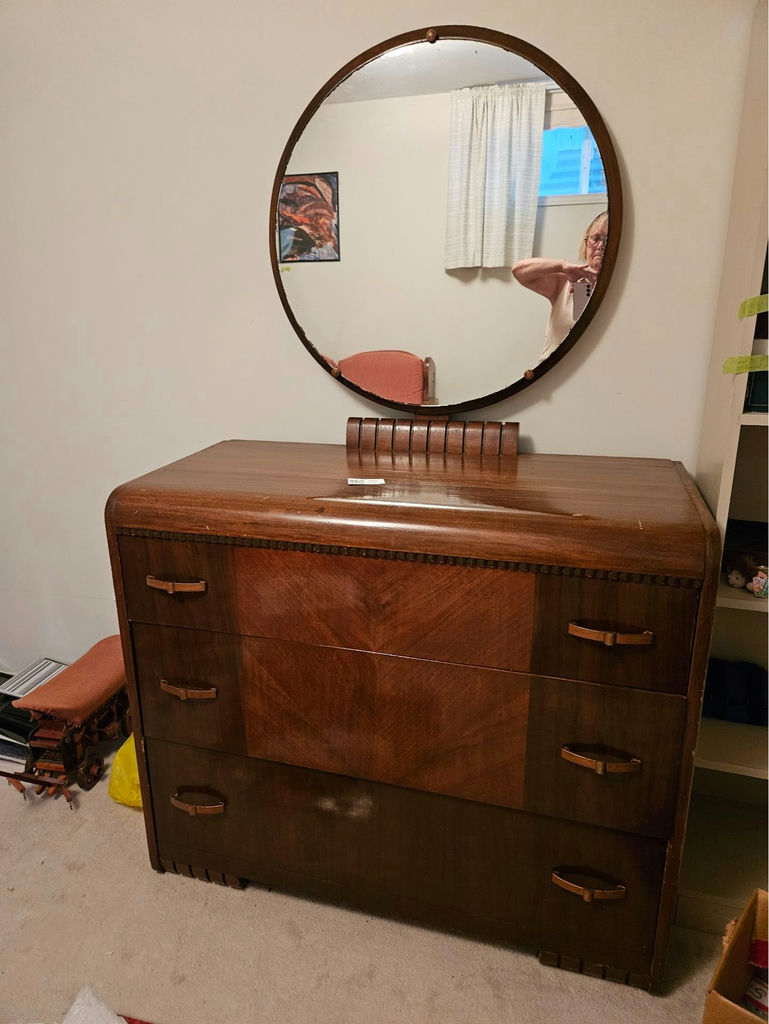 Vintage wooden dresser with round mirror - image 1 of 10