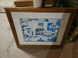 Framed artworks: Native American headdress textile, lantern rope scene, blue-town scene - thumbnail 4 of 5