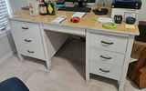 Painted white desk with drawers and mixed office/craft supplies - thumbnail 1 of 12