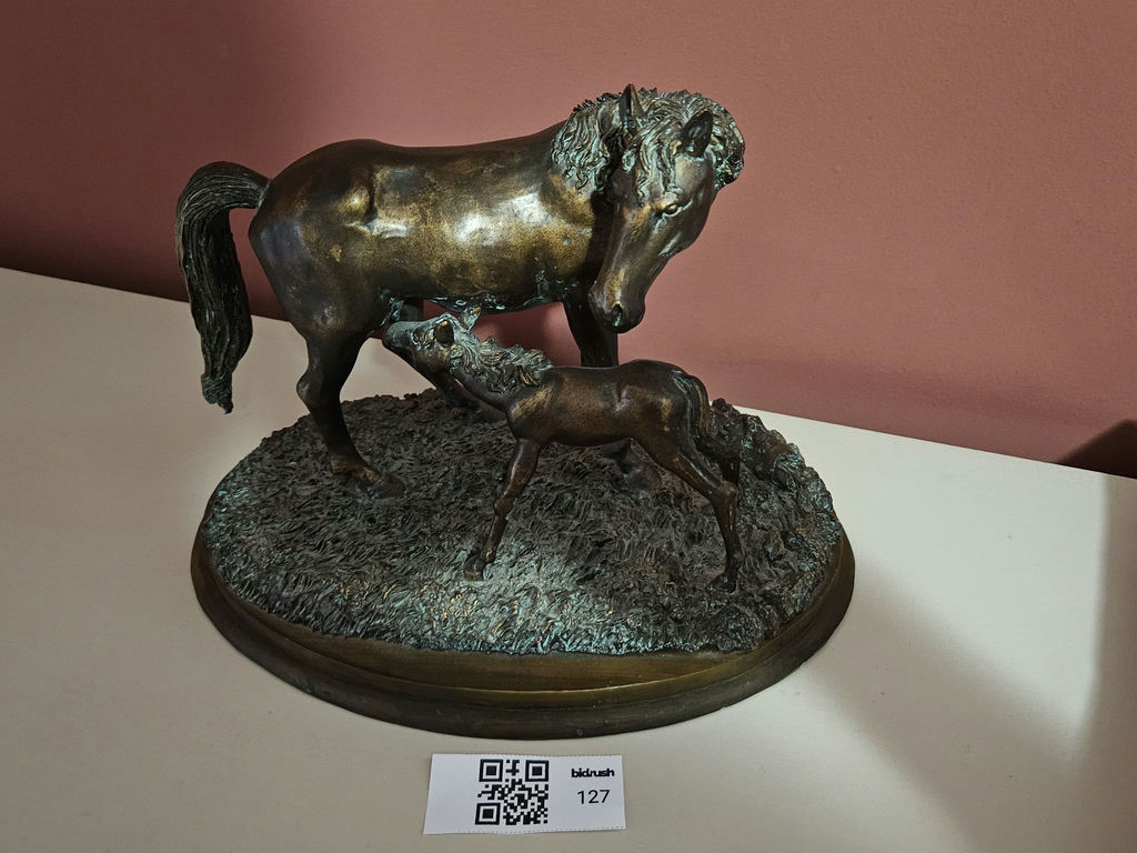 Bronze mare and foal sculpture on rocky base - image 1 of 6