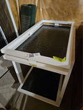 Assorted furniture pieces: white glass-top display tables, a console table, and a wooden dresser - thumbnail 1 of 16