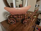 Decorative wooden wagon lamp with pink fabric canopy and miniature tools - thumbnail 1 of 5