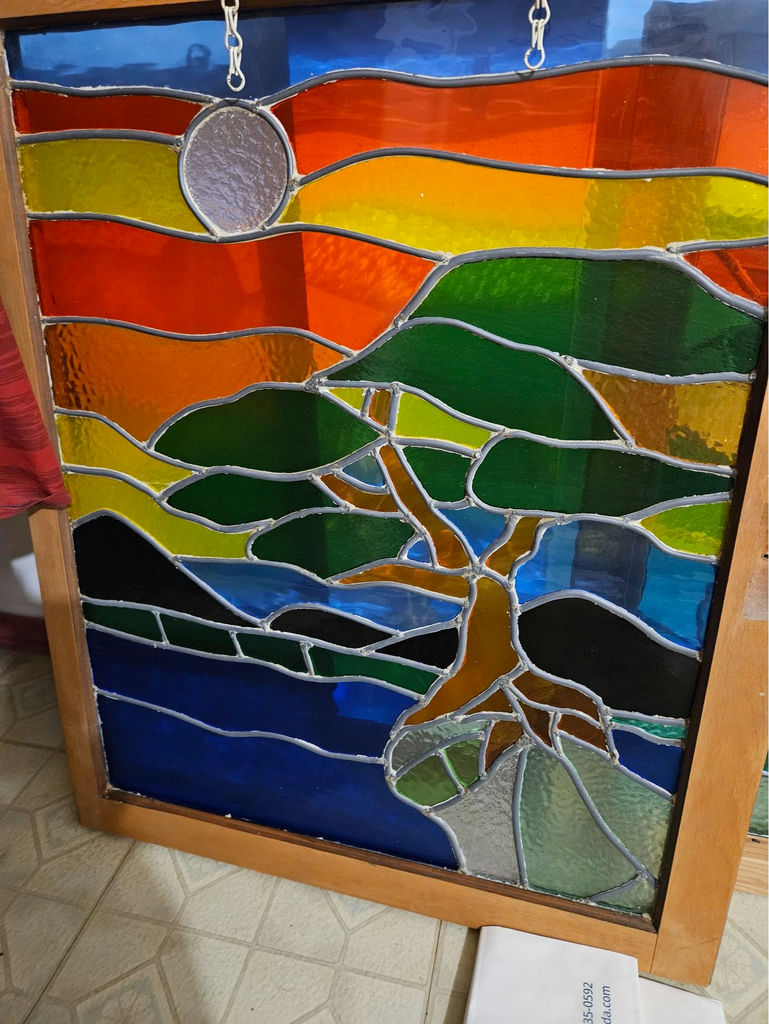 Stained glass panel with tree and abstract landscape - image 1 of 4