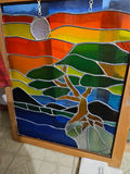 Stained glass panel with tree and abstract landscape - thumbnail 1 of 4