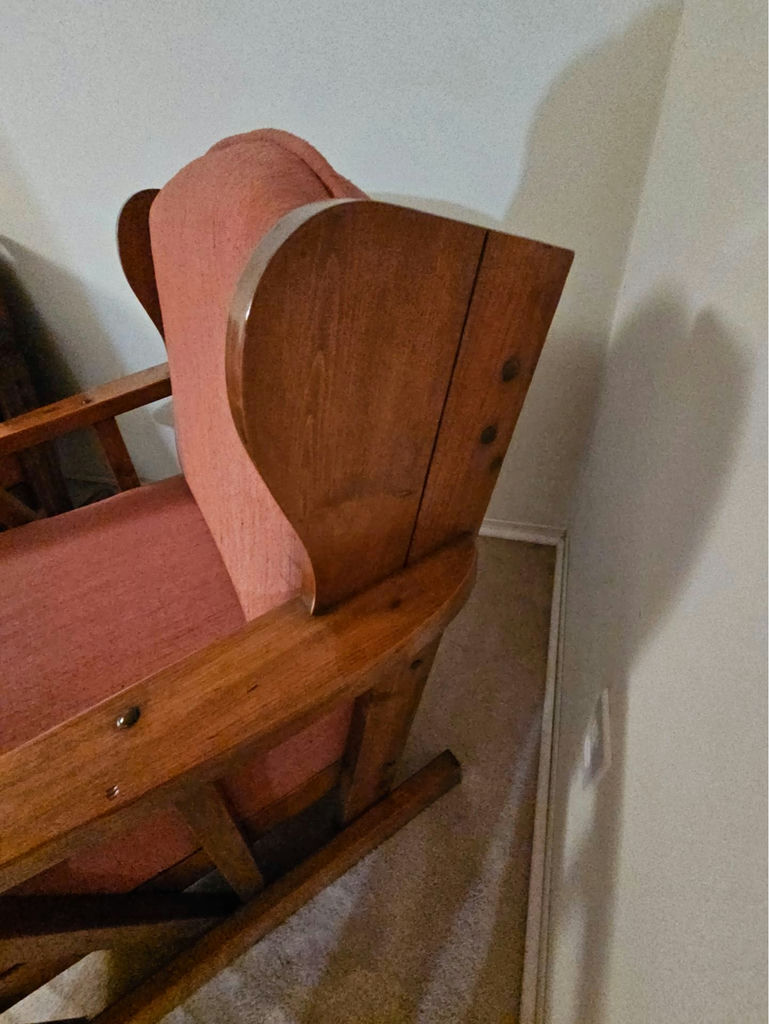 Vintage wooden-framed sofa with coral upholstery and matching armchair - image 12 of 13