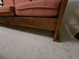 Vintage wooden-framed sofa with coral upholstery and matching armchair - thumbnail 13 of 13