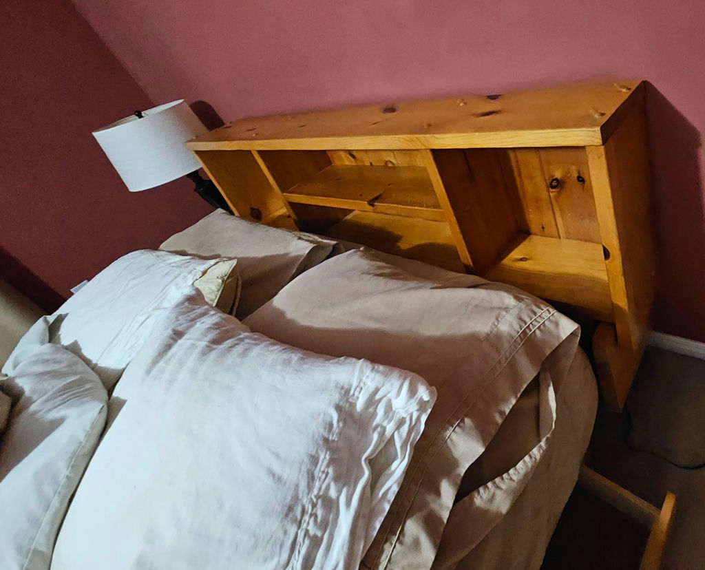 Wooden platform bed with built-in storage and headboard shelves - image 5 of 11