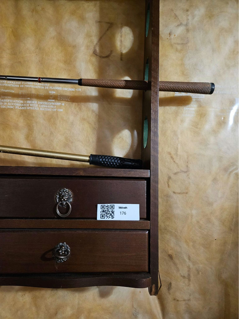 Dark wooden rack with rod display and golf ball bucket - image 4 of 8