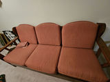 Vintage wooden-framed sofa with coral upholstery and matching armchair - thumbnail 5 of 13