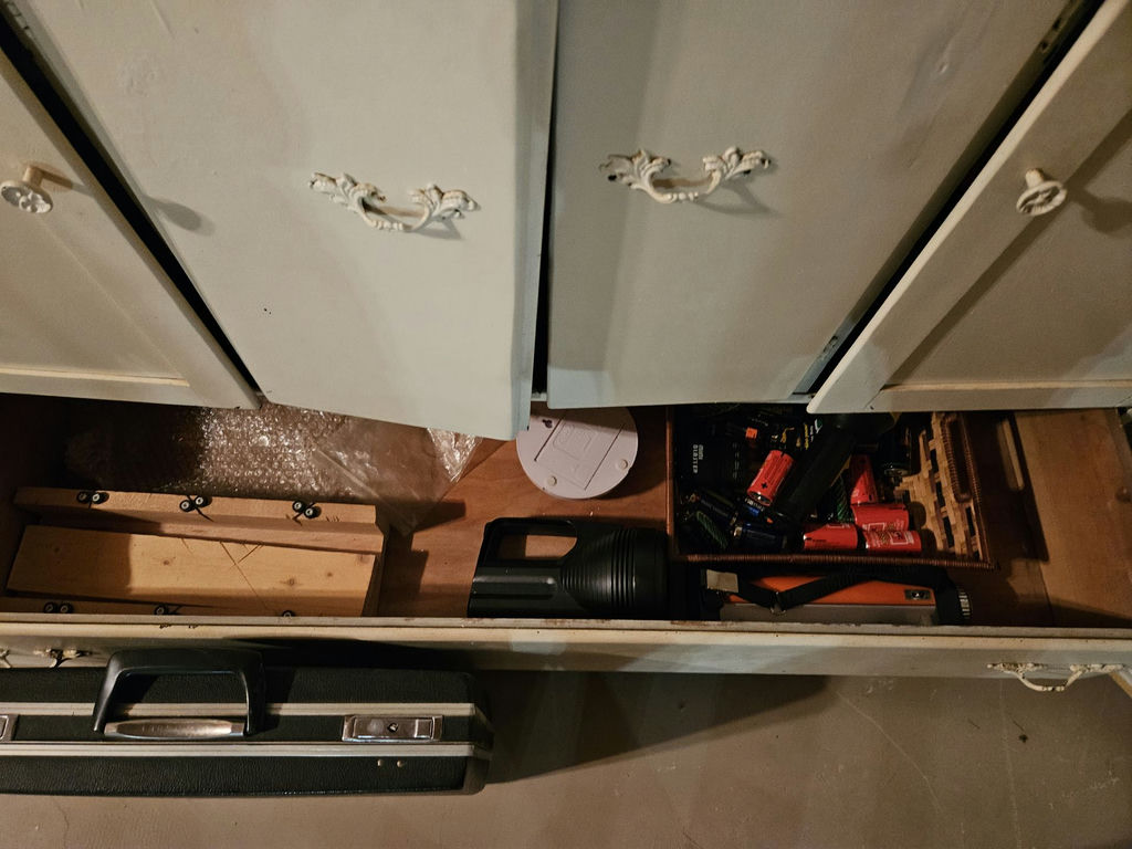 White storage cabinets with drawers and assorted tools - image 6 of 13