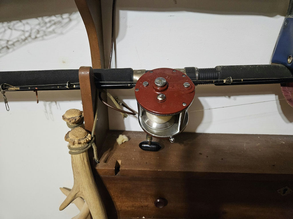 Wall-mounted fishing rod rack with reels, net, and tackle cabinet - image 3 of 5