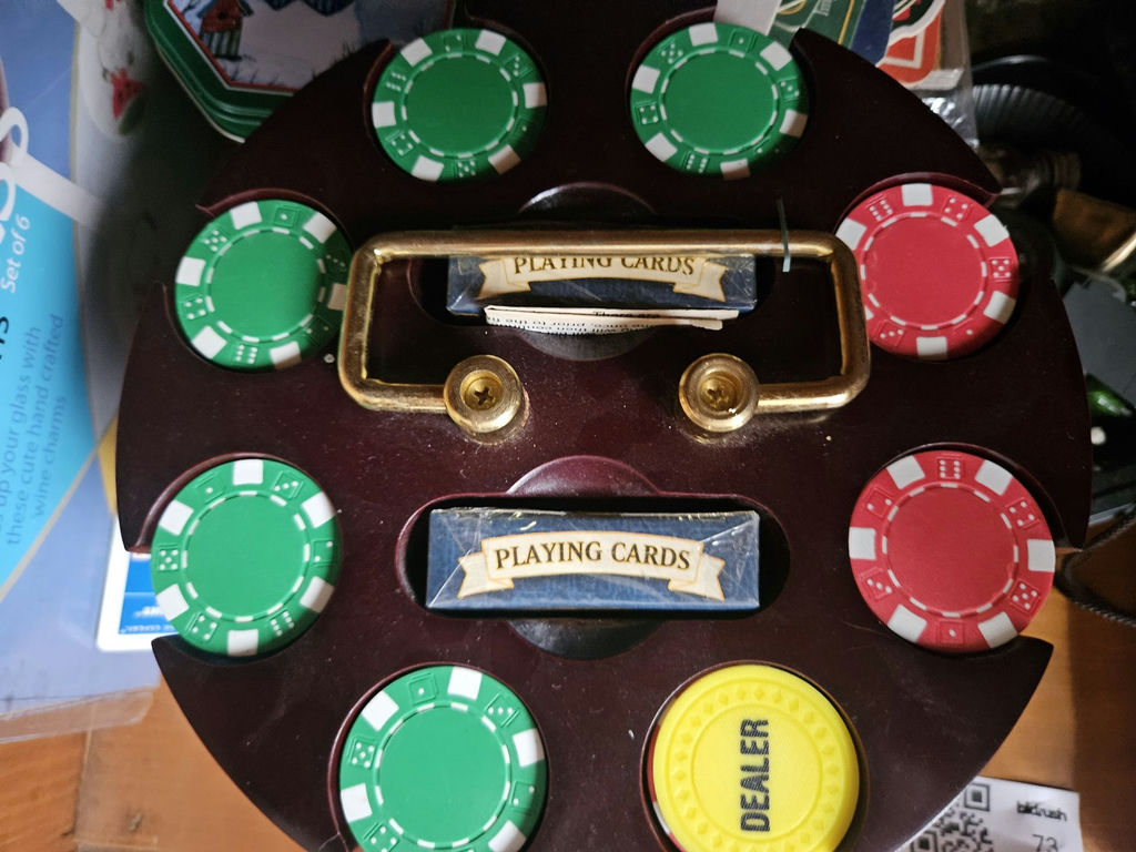 Vintage poker set with chips, playing cards, dealer button, dictionary, and wine charms - image 3 of 6