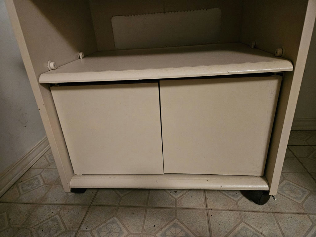 Beige freestanding cabinet with open shelf and double doors - image 5 of 6