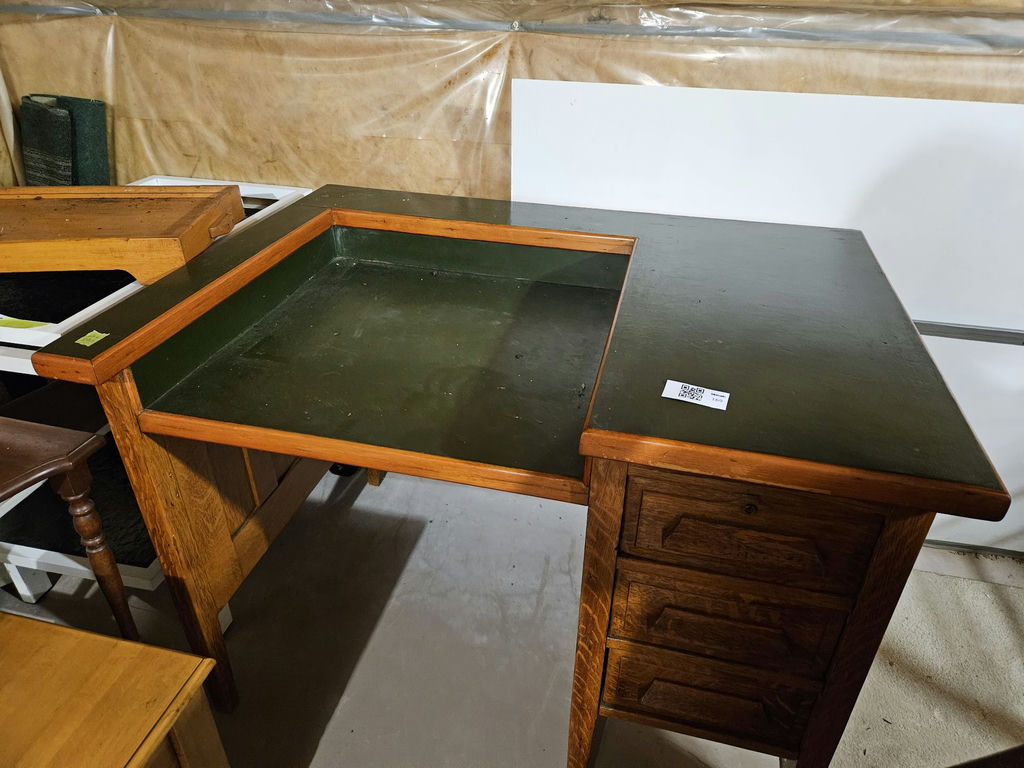 Wooden desk with green top and multiple drawers - image 1 of 5