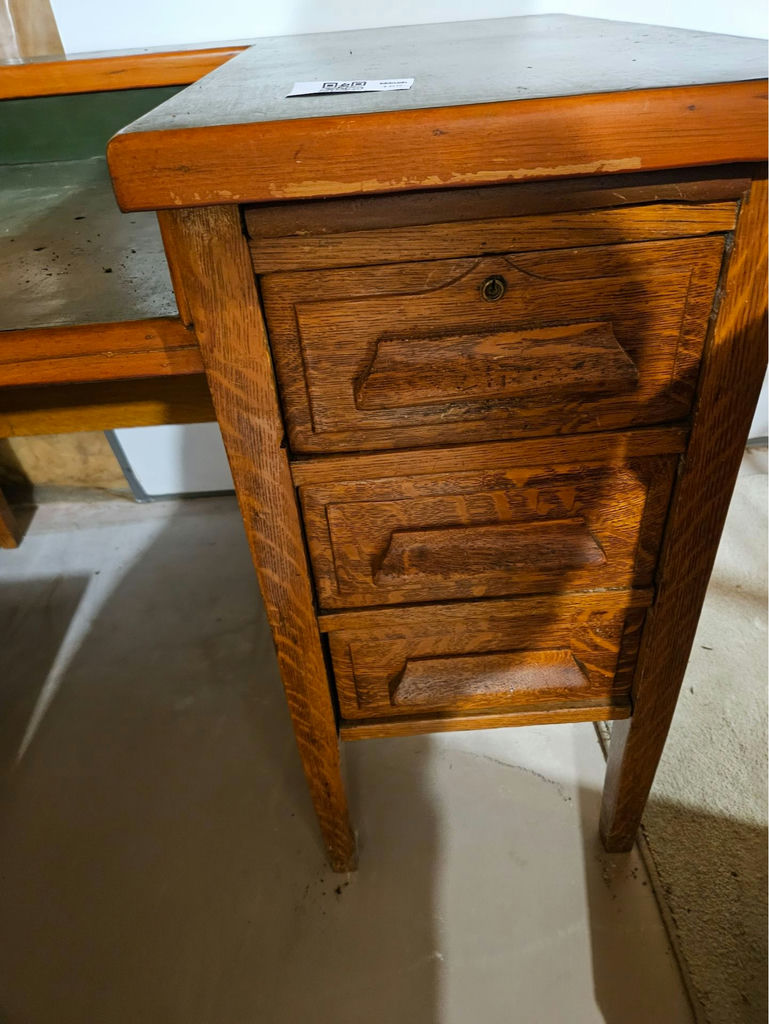 Wooden desk with green top and multiple drawers - image 3 of 5