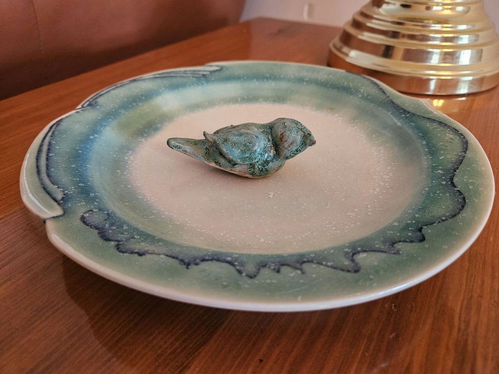 Blue-green glazed ceramic plate with small bird sculpture - image 2 of 8