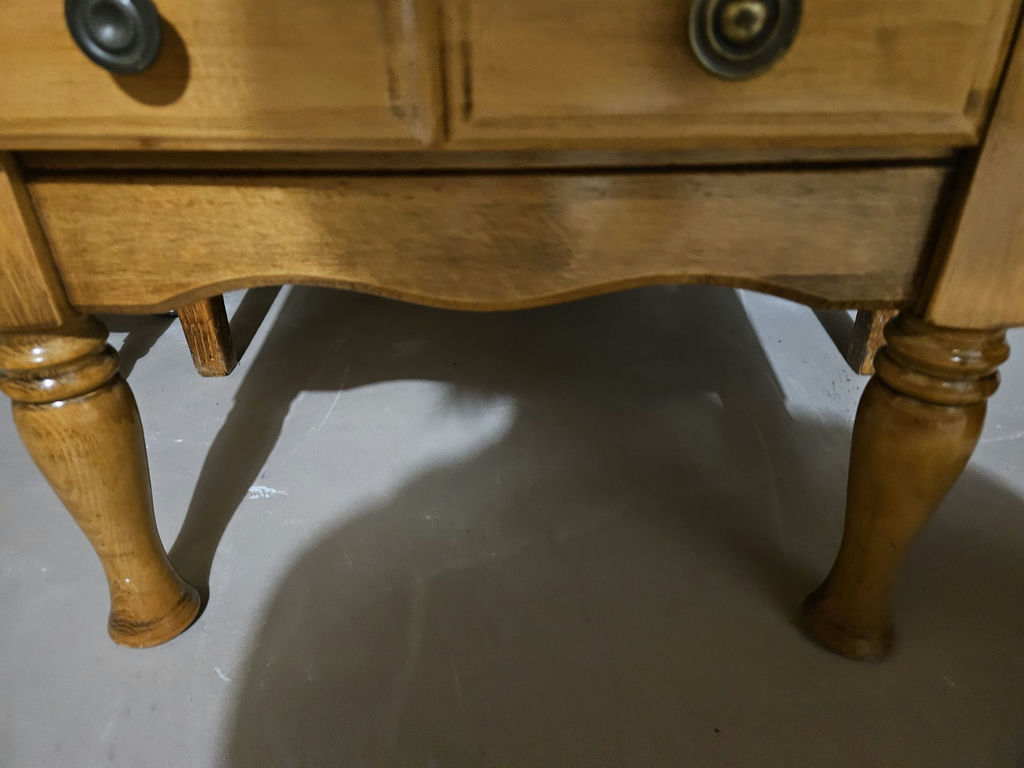 Assorted furniture pieces: white glass-top display tables, a console table, and a wooden dresser - image 11 of 16