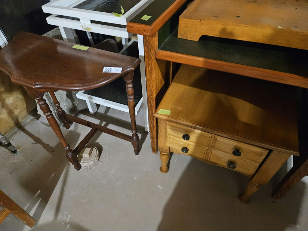Assorted furniture pieces: white glass-top display tables, a console table, and a wooden dresser - image 14 of 16