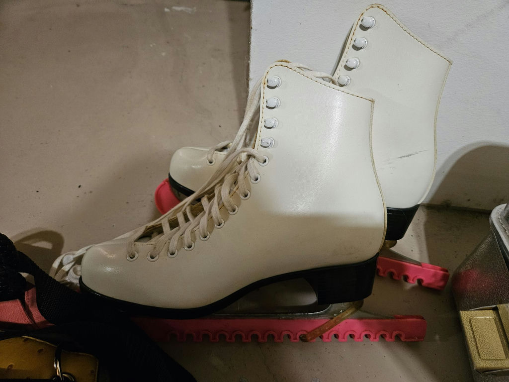 Assorted bags and white figure skates and (curling?) shoes - image 5 of 8