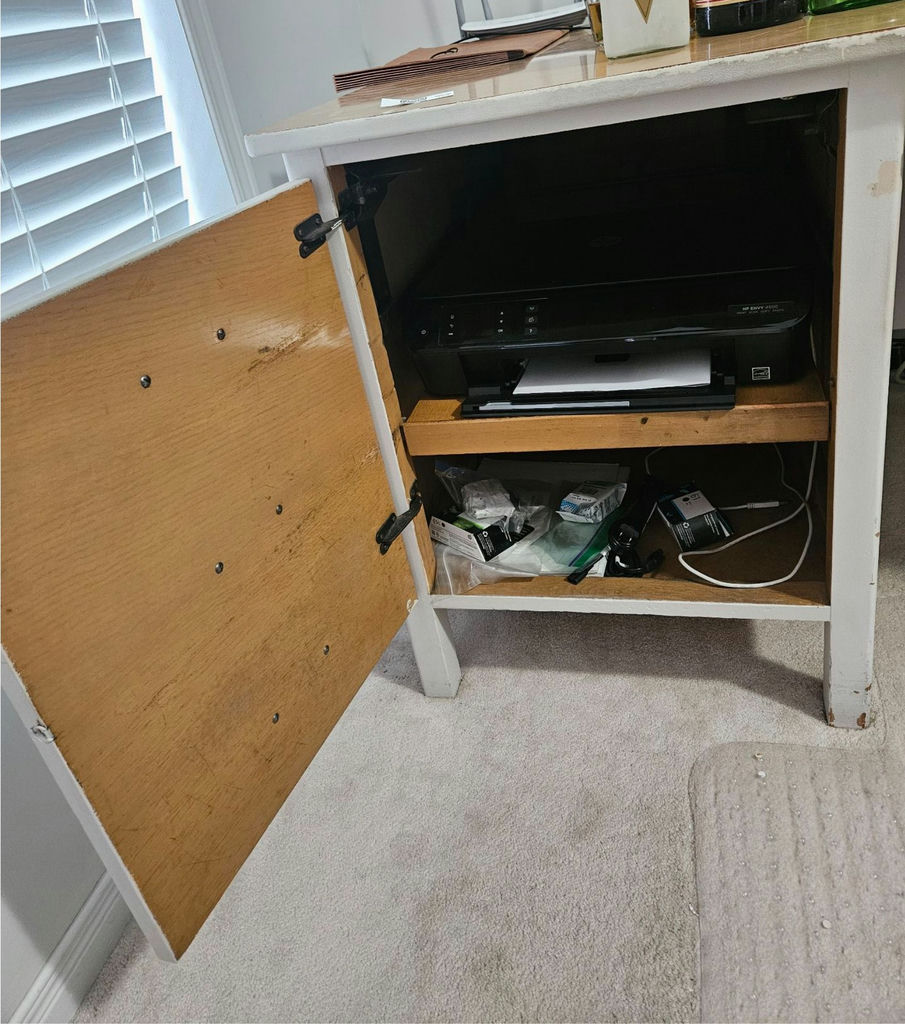 Painted white desk with drawers and mixed office/craft supplies - image 6 of 12