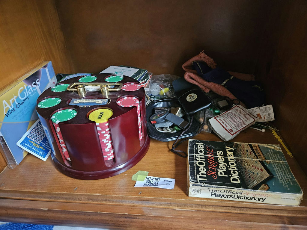 Vintage poker set with chips, playing cards, dealer button, dictionary, and wine charms - image 1 of 6