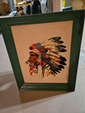 Framed artworks: Native American headdress textile, lantern rope scene, blue-town scene - thumbnail 2 of 5