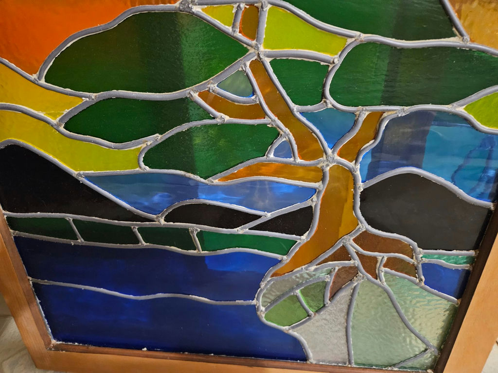 Stained glass panel with tree and abstract landscape - image 3 of 4