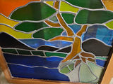 Stained glass panel with tree and abstract landscape - thumbnail 3 of 4