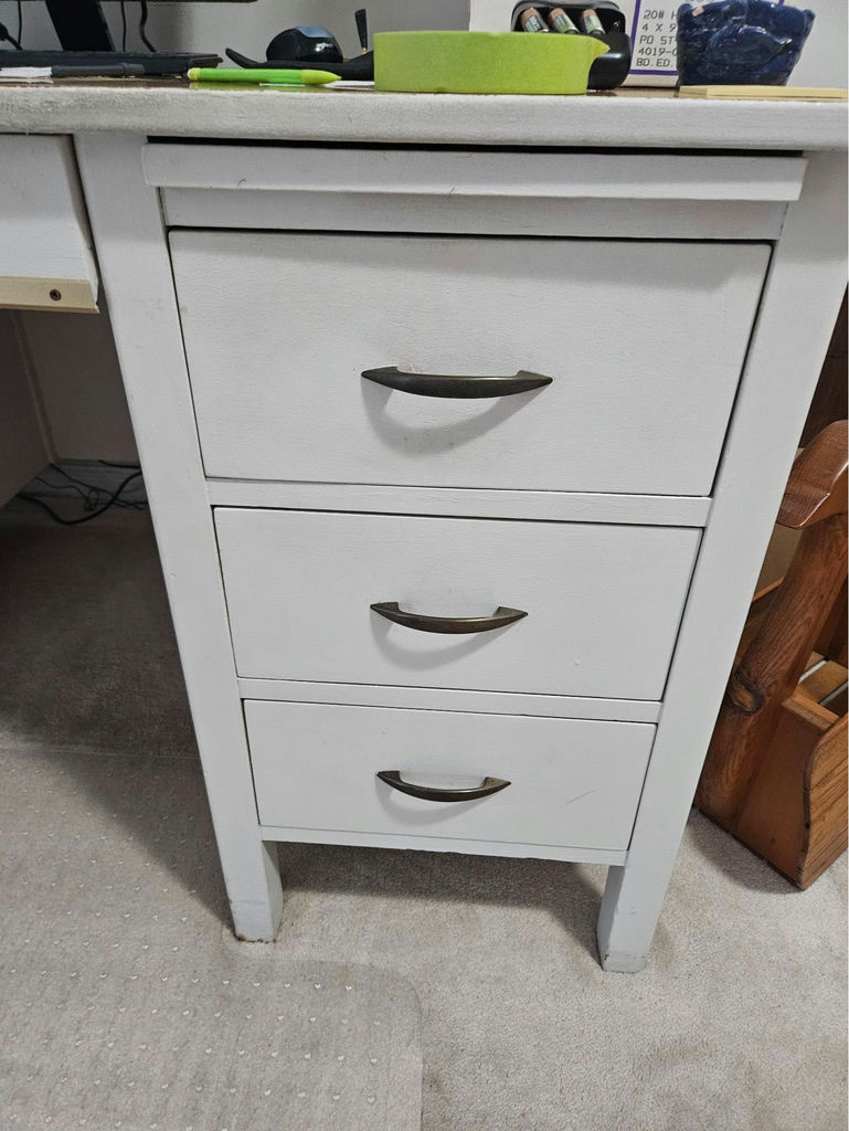 Painted white desk with drawers and mixed office/craft supplies - image 3 of 12