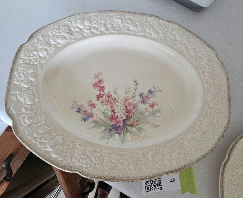 Pair of oval floral ceramic plates/platters with embossed border - image 2 of 9