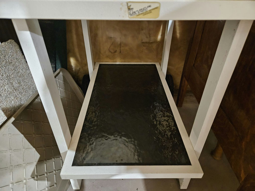Assorted furniture pieces: white glass-top display tables, a console table, and a wooden dresser - image 3 of 16