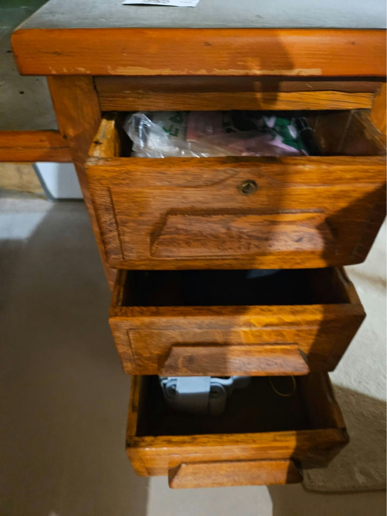 Wooden desk with green top and multiple drawers - image 4 of 5