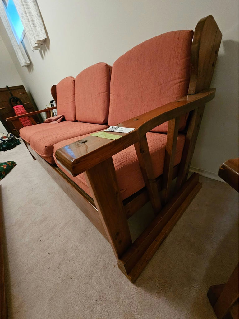 Vintage wooden-framed sofa with coral upholstery and matching armchair - image 3 of 13