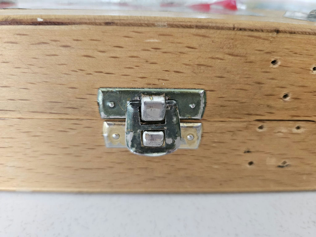 Sticker-covered wooden storage box - image 3 of 6